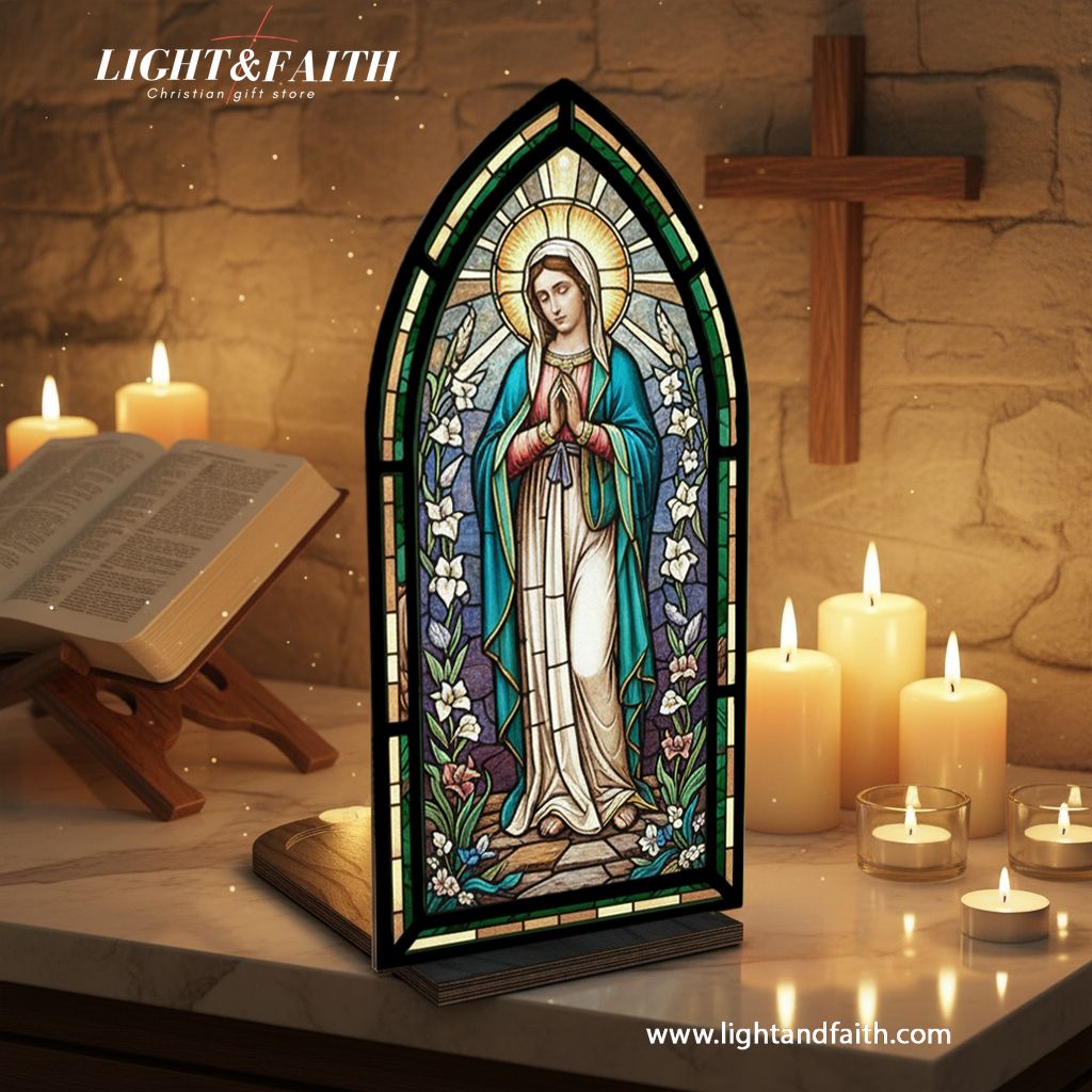 Our Lady of Grace Book Nook Light, Virgin Mary Stained Glass Style Decor, Christian Home Altar LED Lamp, Catholic Faith Gift for Prayer Room BNLAF20